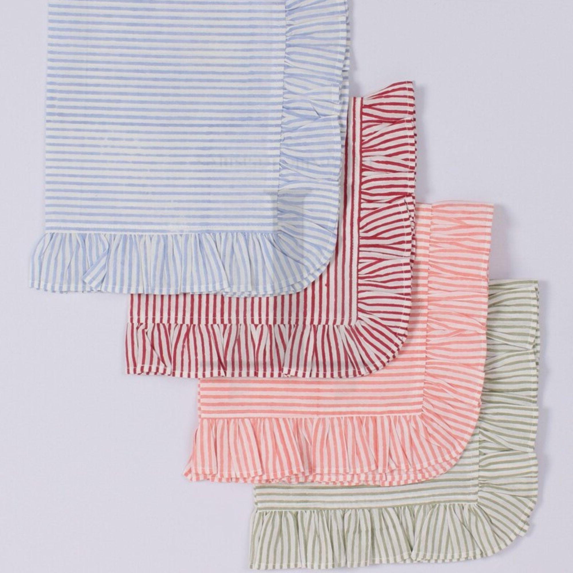 Blue Red Pink Green and Mix Striped Ruffle Cotton Napkins Set - Hand Block Printed Table Linen for Weddings, Dining, Kitchen, Home Decor
