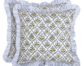 Custom Light Steel Blue Floral Ruffle Pillow Cover, Hand Block Printed Cotton Sham with Zipper, Large Cushion for Couch, Bed, Living Outdoor