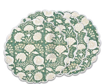 Tovagliette rotonde smerlate verde muschio - Tovagliette in cotone con stampa floreale a mano, stile boho, stile cottage, decorazione da cucina