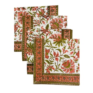 New York Pink and Olive Green Floral Hand Block Print Cotton Napkin Set - Reusable Cloth Table Napkins for Dinner Parties, Weddings, Events