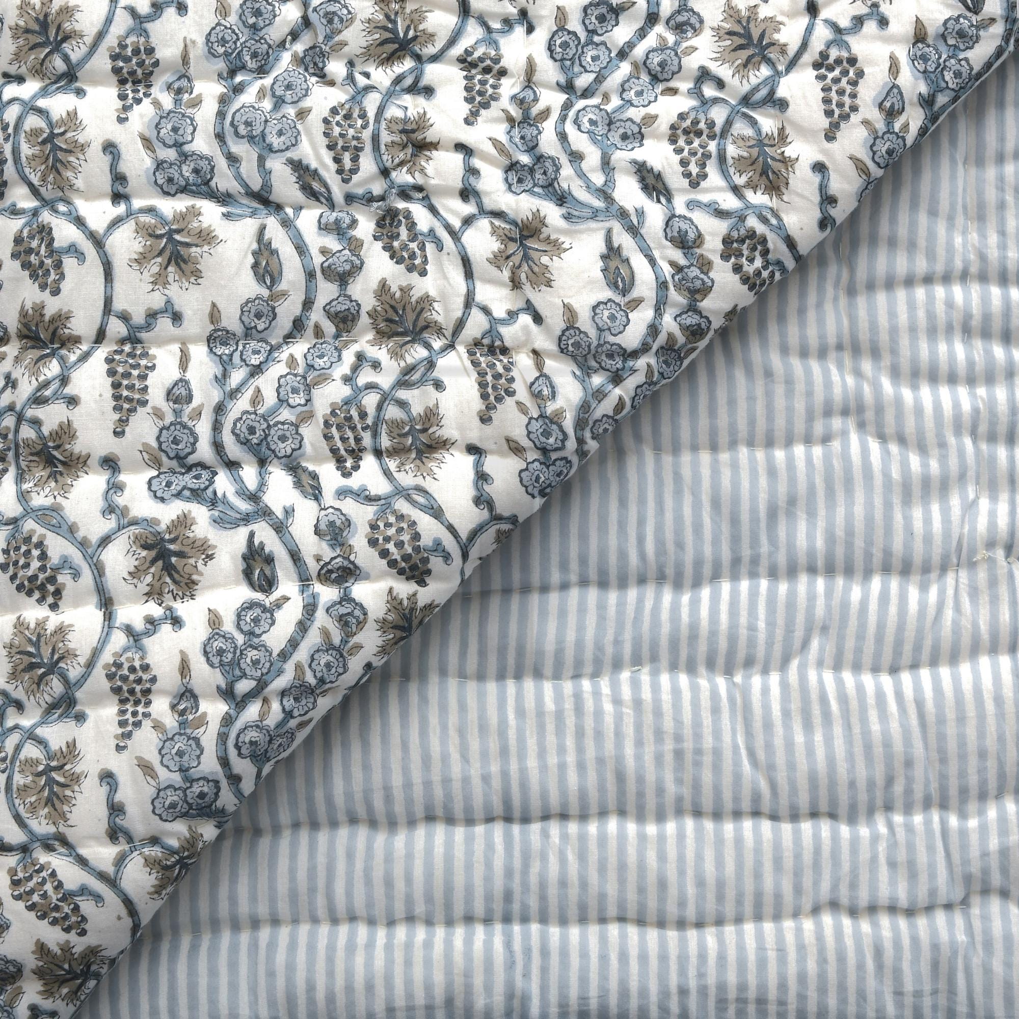 Baby Blue Eyes Hand Block Print Quilt Reversible Cotton Kantha Blanket, Lightweight Boho Throw, Floral Indian Cottage core Bedding