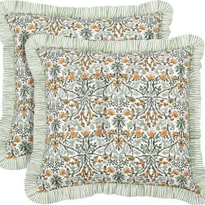 Custom Goldenrod Yellow Floral Ruffle Pillow Cover, Hand Block Printed Cotton Sham with Zipper, Large Cushion for Couch, Bed, Living Outdoor