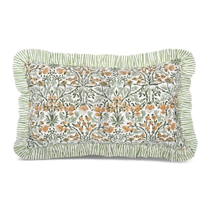 12x20 Goldenrod Yellow Floral Ruffle Lumbar Pillow Cover, Hand-Block Print Cotton Decorative Sham for Couch, Bed, Wedding, Gift, Farmhouse