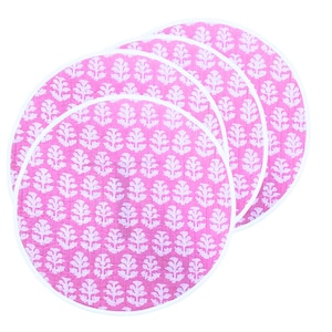 Watermelon and Lemonade Pink Round Quilted Placemats– Hand Block Printed Cotton Table Mats with Piping, Farmhouse Dining Kitchen Decor