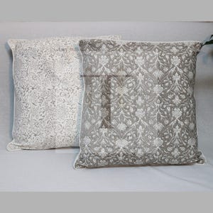 Taupe Jaal Floral Reversible Cotton Pillow Cover–Indian Hand Block Print Cushion with Flap & Piping Boho Farmhouse Throw Pillowcase for Sofa