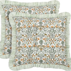 Goldenrod Yellow Floral Ruffle Decorative Pillow, Boho Block Print Handmade Cotton Cushion, Throw with Zipper for Couch/Bed