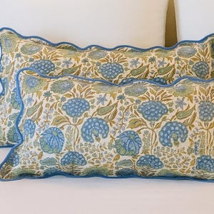 Pack 2 Floral Block Print Cotton Bed Pillow Cover Flap & Piping Boho Farmhouse Decorative Throw for Sofa Couch Bed, Gift Cushion Case