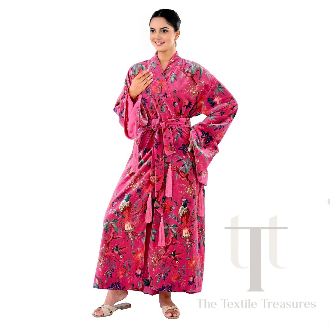 Ofmd Robe OFMD Pink Bird Velvet Banyan Fabric Kimono Cotton Velvet Robe Long ...