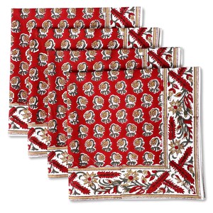 Chocolate Cosmos Red Block Print Cotton Border Napkins Set - Reusable Table Linens for Dining, Outdoor Events, Wedding Dinner, Entertaining