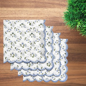 Powder blue Embroidered Scallop Hand Block Print Napkin Set– Reusable cotton table linen for weddings, Dinner parties, Kitchen & Home decor