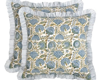 Asparagus Green Floral Ruffle Pillow Cover– Boho Hand Block Print Cotton Sham, Large Decorative Body Pillow with Zipper for Couch/Bed/Living