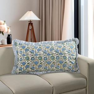Asparagus Green Floral Ruffle Lumbar Pillow Cover Set 20x30, Hand Block Printed Cotton Decorative Sham for Sofa Bed Farmhouse & Wedding Gift