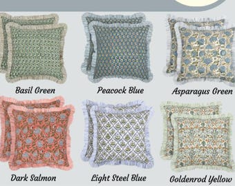 Hand Block Print Ruffle Pillow Covers, 100% Cotton Fabric Boho Throw for Sofa Bed Couch, Floral & Stripes Decorative Pillowcases with Zipper