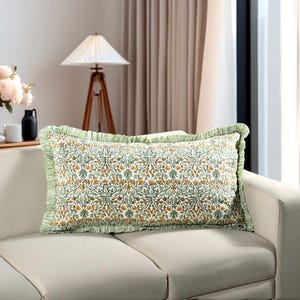 Goldenrod Yellow Floral Ruffle Lumbar Pillow Cover Set 20x30 Hand Block Printed Cotton Decorative Sham for Sofa Bed Farmhouse & Wedding Gift