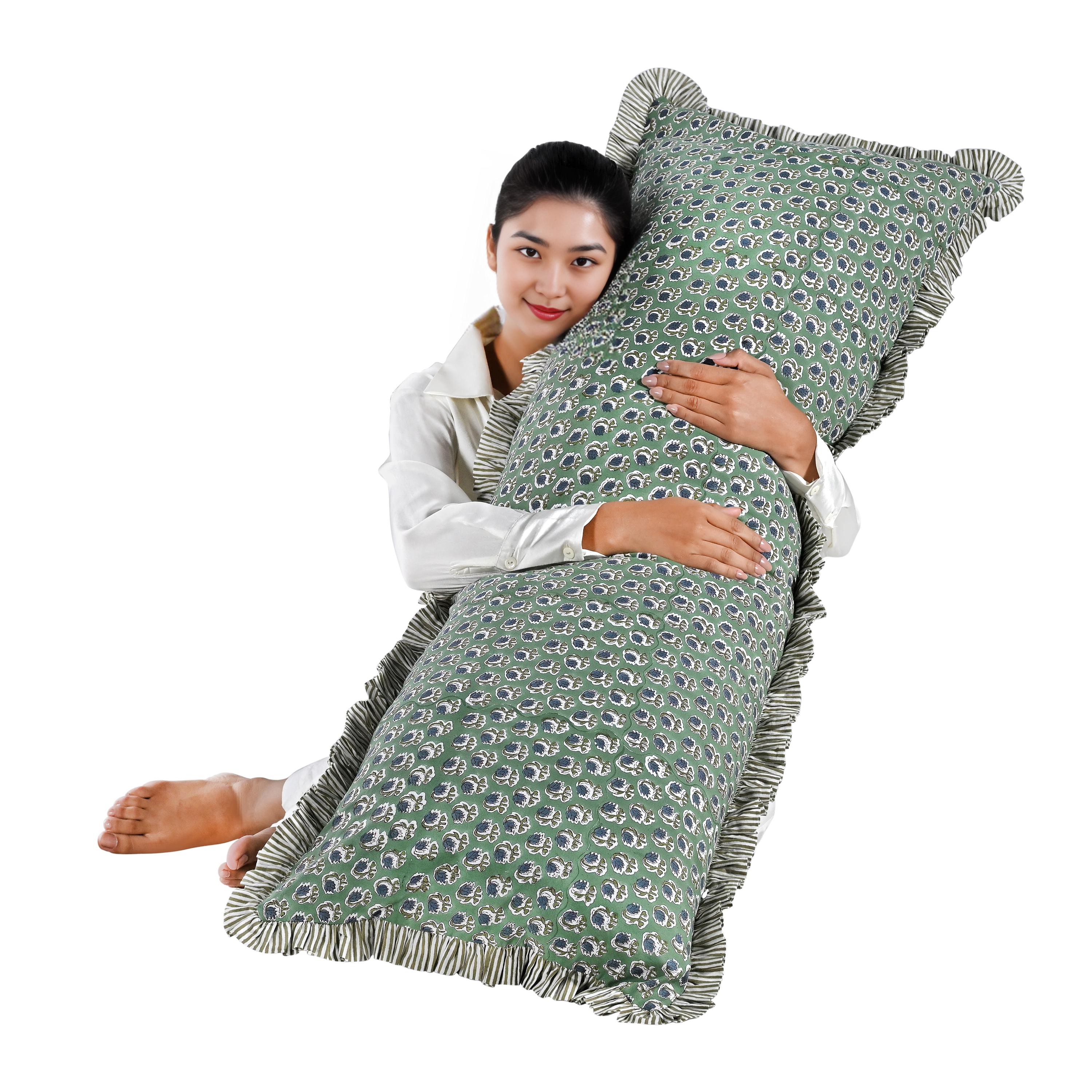 20x54 Long Lumbar Pillow Cover Basil Green Floral Ruffle Cotton Sham for Back Support, Side Sleeping, Couch, Bed, Bench, Farmhouse Decor