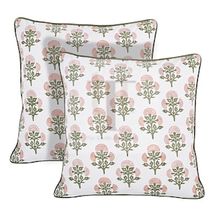 Housse de Coussin en Coton Floral Pêche Mughal Buta – Coussin à Imprimé Main avec Rabat & Passepoil, Housse Bohème Ferme pour Canapé, Cadeau