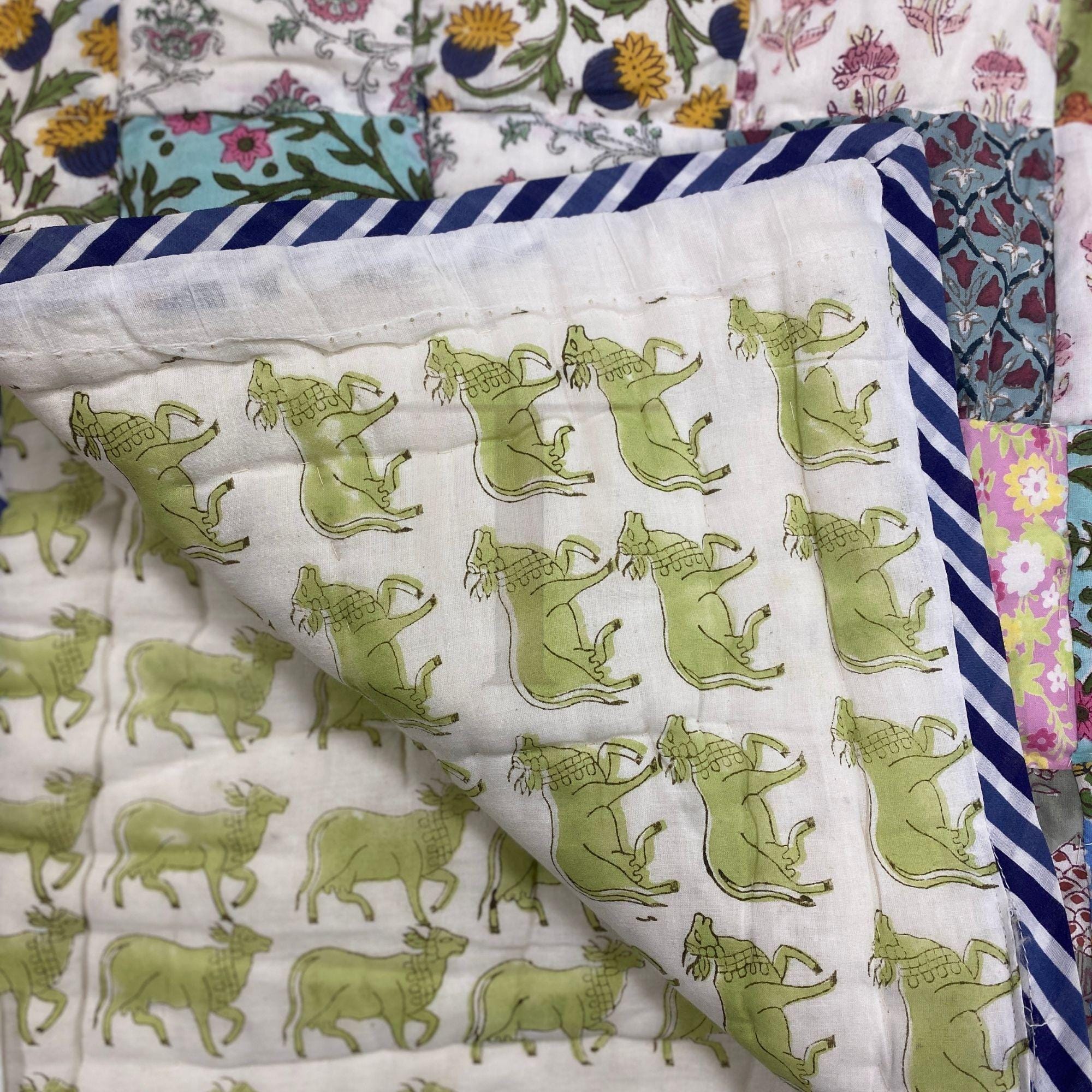 リバーシブル手作りパッチワークベビーキルト、オリーブブロッサムと