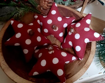 Folk Art Cotton Star Ornies, Red with White Dots, Set of 4