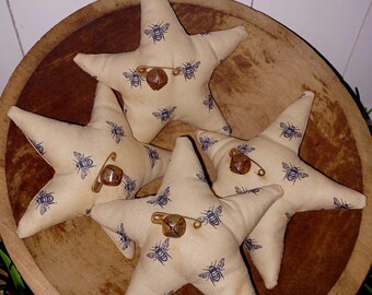 Country Fabric Stars with Bees, Farmhouse Decor Set of 4