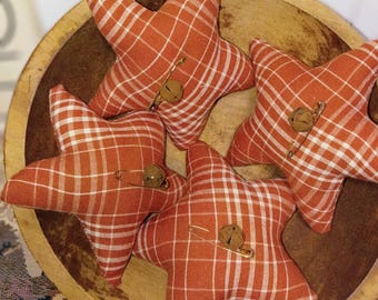 Primitive Homespun Burnt Orange With White Lines Stars Set of 4