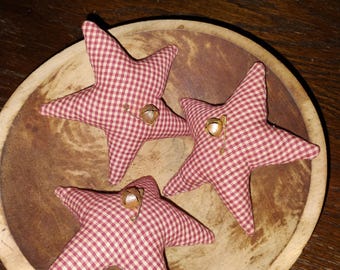 On Sale Primitive Red And Tan Mini Check Homespun Fabric Stars-Rusty Bells  Set Of 3
