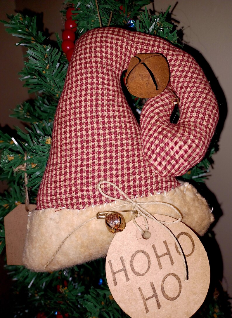 Primitive Santa Hat In A Beautiful Red Check Homespun Ornie To Hang image 1