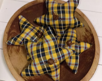 Juego de 4 estrellas rústicas con estampado de cuadros coloridos en amarillo y negro - Campanas oxidadas