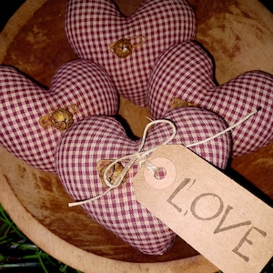 Primitive Folk Art, Primitive Homespun Hearts Set Of 4