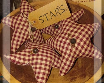 Set of 3 Homespun Fabric Stars: Red and Tan Check, Bowl Filler Decorations