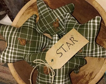 Primitive Hunter Green And White. Plaid Pattern Homespun Stars-Rusty Bells  Set Of 4