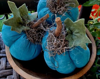 Harvest Time Teal Colored Primitive Pumpkins Set Of 3