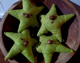 Mystical Folkart Cotton Fabric With Color Dots On Stars-Rusty Bells  Set Of 4