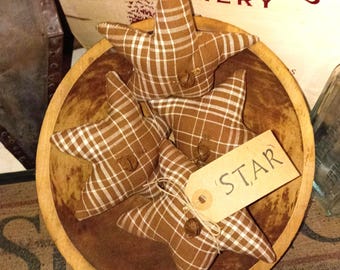 Primitive Sable Brown And White. Plaid Pattern Homespun Stars-Rusty Bells  Set Of 4