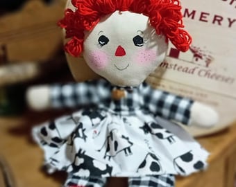 Primitive Rag Doll With Moo Cow Skirt -13 inches Long