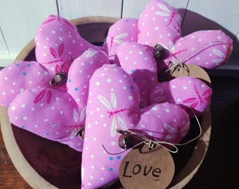 Country Farmstyle Pink Heart With Dragonflies Ornies-Bowl Fillers-Set Of 5