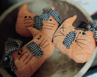 Primitive Halloween Orange Cat Head Bowl-filler Ornies Set Of 3 With Bell And Bow