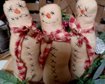 Primitive Folk Art Hand Stitched Skinny Christmas Winter Snowman Doll Ornies Set Of 3
