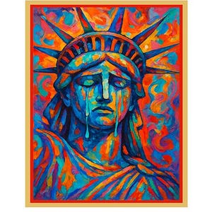 May include: A colorful painting of the Statue of Liberty with tears streaming down her face. The artwork features vibrant hues of blue, orange, and red, with a gold border. The statue's crown and robe are detailed with brushstrokes.