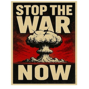 Op de afbeelding: Een vintage poster met de woorden "STOP THE WAR NOW" in witte, vette letters. De afbeelding toont een paddenstoelwolk tegen een rode en zwarte achtergrond, die urgentie en protest oproept.