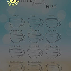 Cardápio de cafeteria de verão – Cardápio de café gelado para impressão, decoração de cafeteria, placa para estação de café, pôster digital de barista