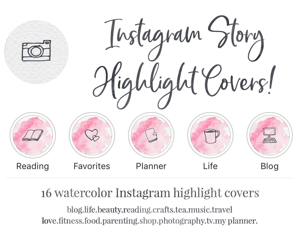 Instagram Story Highlight Cover Set of 16 Pink Watercolor | Etsy