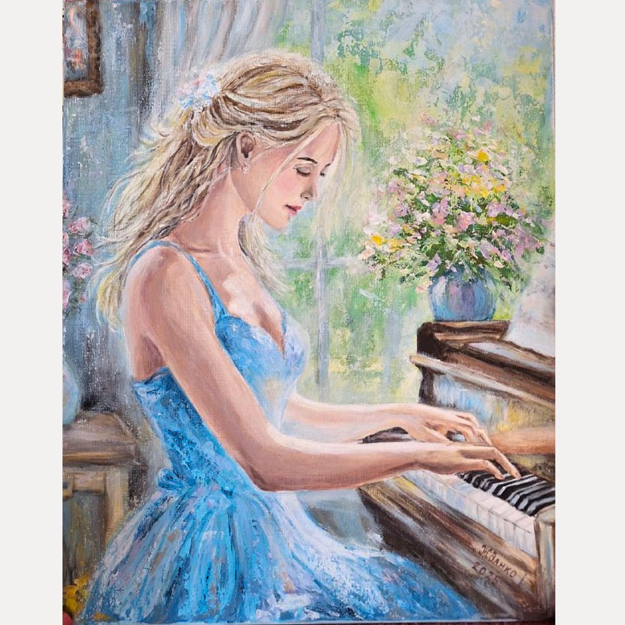 lady in blue dress playing piano painting Melody of Light – Original Acrylic on Canvas (15.75 x 23.62 inches) – Girl at the – Romantic Interior Wall Art PLP Visible