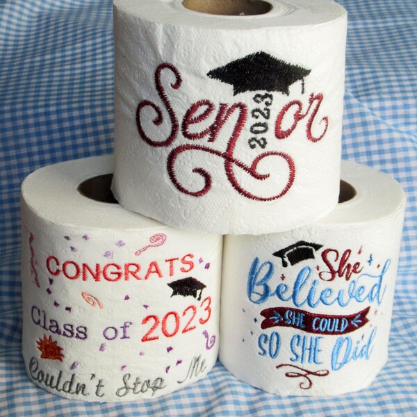 2024 Toilet paper! CHOOSE One, GRADUATION Toilet Paper, 2024 Graduation Gift, in School COLORs, Embroidery design, Table decor, Grad Party