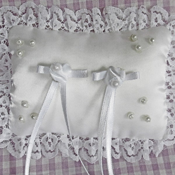 1 MINI wedding ring pillow made from genuine satin fabric, 3X4 inch rectangle, Adorned with clusters of tiny pearls, White ribbons for rings