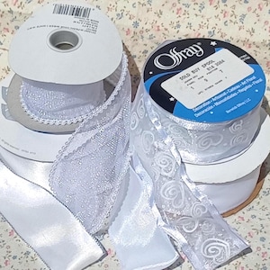 4 rolls of fabric lace trim, 1 1/2&quot; wide, WIRED ribbon, satin with silver edges, organza with pearls, Swirl heart ribbon, Quality ribbon new
