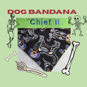 May include: Black dog bandana with a repeating pattern of skeleton dogs in Day of the Dead style. The bandana has the text "Chief II" embroidered on a green band. The words "Dog Bandana" are at the top.