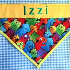 Dog Print Bandana, Colorful Smiling DOGS, Personalized with Dog&#39;s name, Over the Collar, Neck size 15&quot;-20&quot;,  REVERSIBLE, Dog WANTS this one!