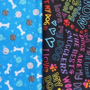 Dog Print Fabric Remnants, Bones Aqua, Words Black, Cotton Blend, 1 Yard