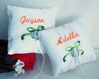 2 Mini wedding ring pillows, Each is 3" square, personalized with Bride and Groom names, choose thread color, white satin ribbons for rings