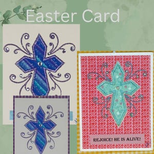 イースターのグリーティングカード、3色の背景から選択、メッセージ入り、刺繍入り